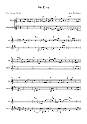 Fur Elise - Beethoven Flute and Clarinet (Score and Chords)