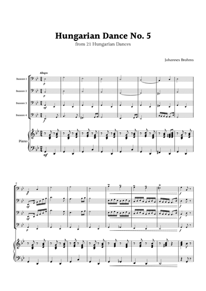 Hungarian Dance No. 5 by Brahms for Bassoon Quartet and Piano image number null