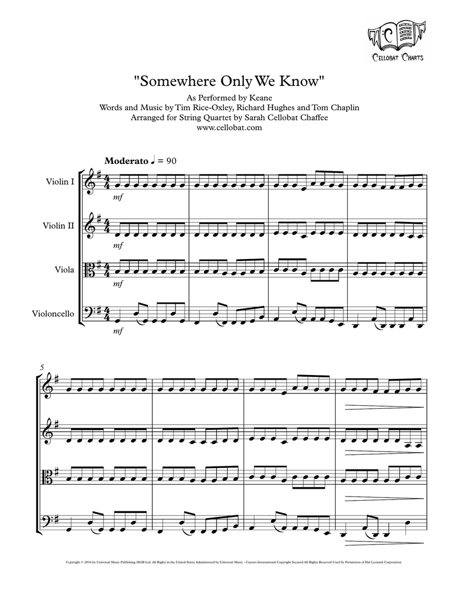 Somewhere Only We Know String Quartet scores gallery preview page 1