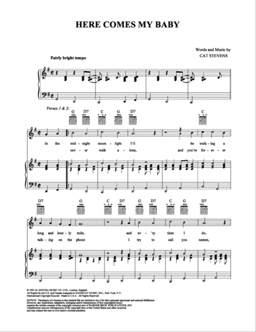 Here Comes My Baby Piano, Vocal, Guitar scores gallery preview page 1