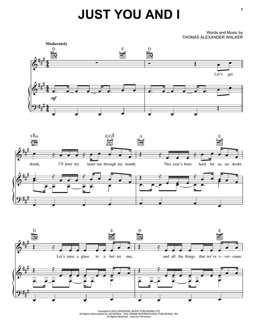Just You And I Just You And I Piano, Vocal, Guitar scores gallery preview page 1