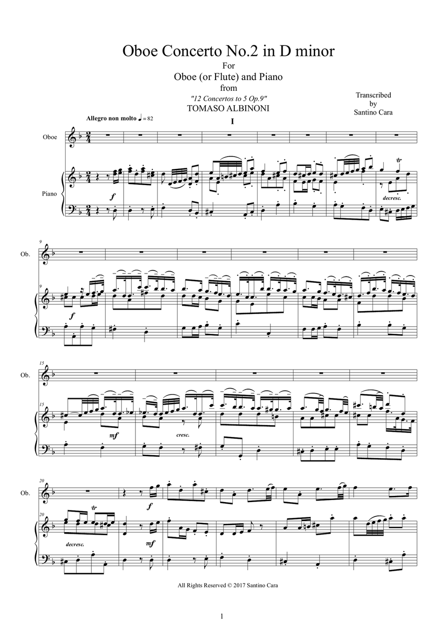 Albinoni - Oboe Concerto No.2 in D minor Op.9 for Oboe or Flute and Piano Flute scores gallery preview page 1