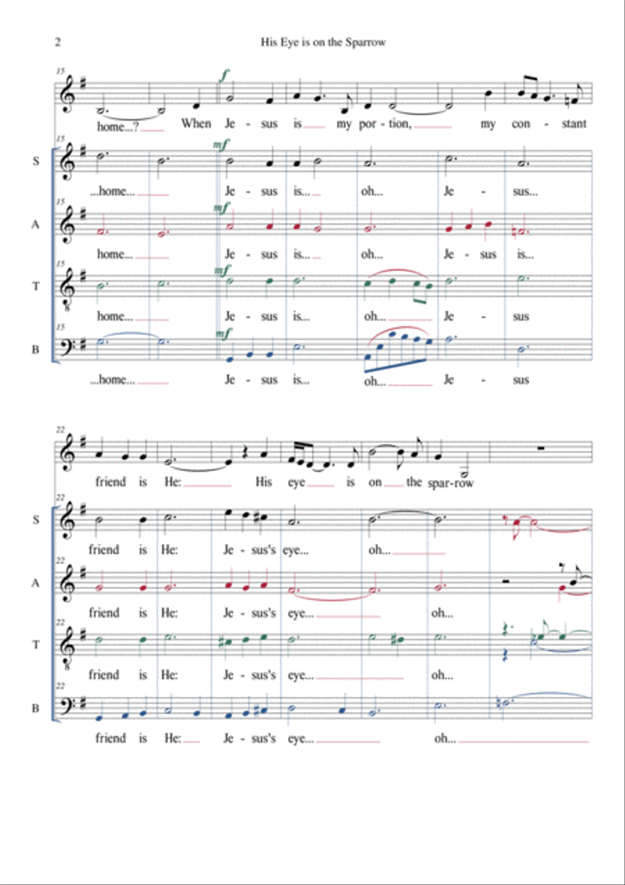 His eye is on the sparrow SATB + Alto Solo a capella arrangement by Guido Menestrina 4-Part scores gallery preview page 2
