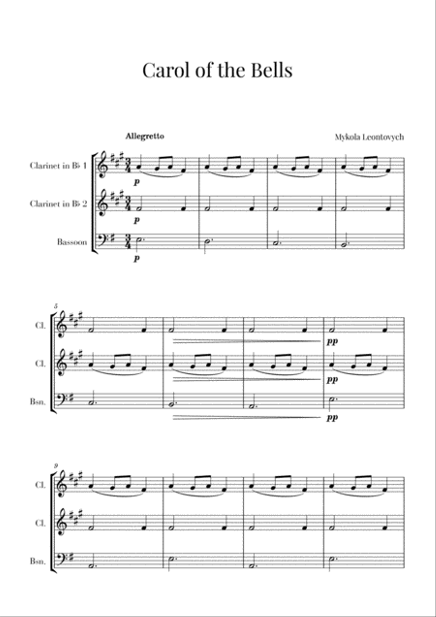 Carol of the Bells for 2 Clarinets and Bassoon (Woodwind Trio) Woodwind Trio scores gallery preview page 1