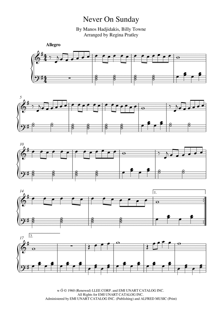 Never On Sunday Easy Piano scores gallery preview page 1