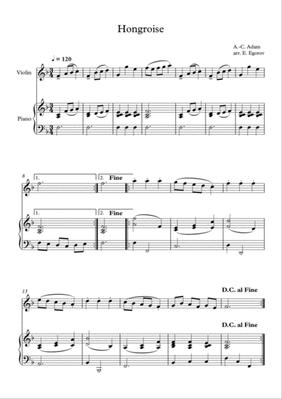 Hongroise, Adolphe-Charles Adam, For Violin & Piano Violin Solo scores gallery preview page 1
