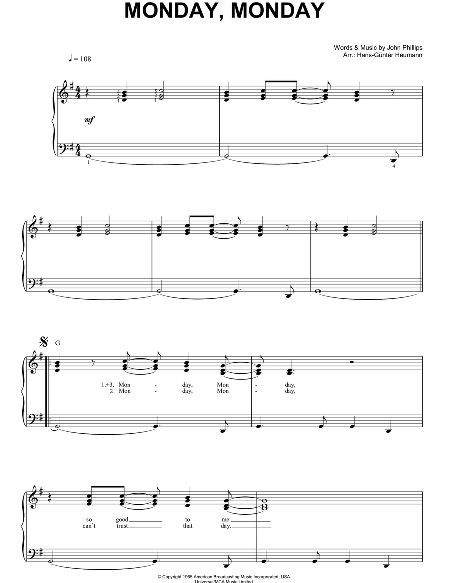 Monday, Monday Easy Piano scores gallery preview page 1