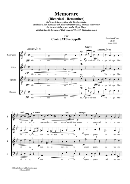 Memorare - Prayer to the Virgin Mary for Choir SATB a cappella image number null
