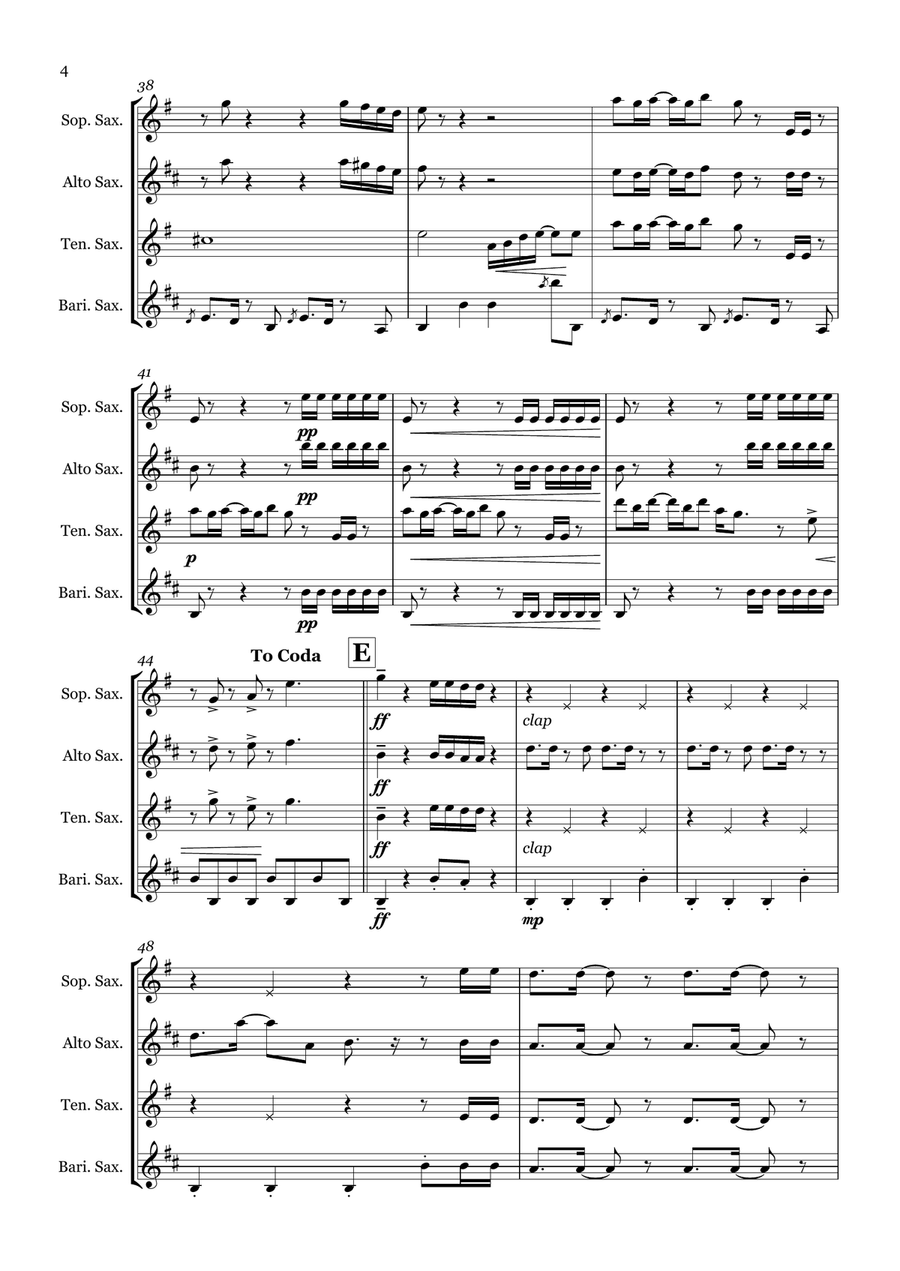 Uptown Funk Saxophone Quartet scores gallery preview page 4