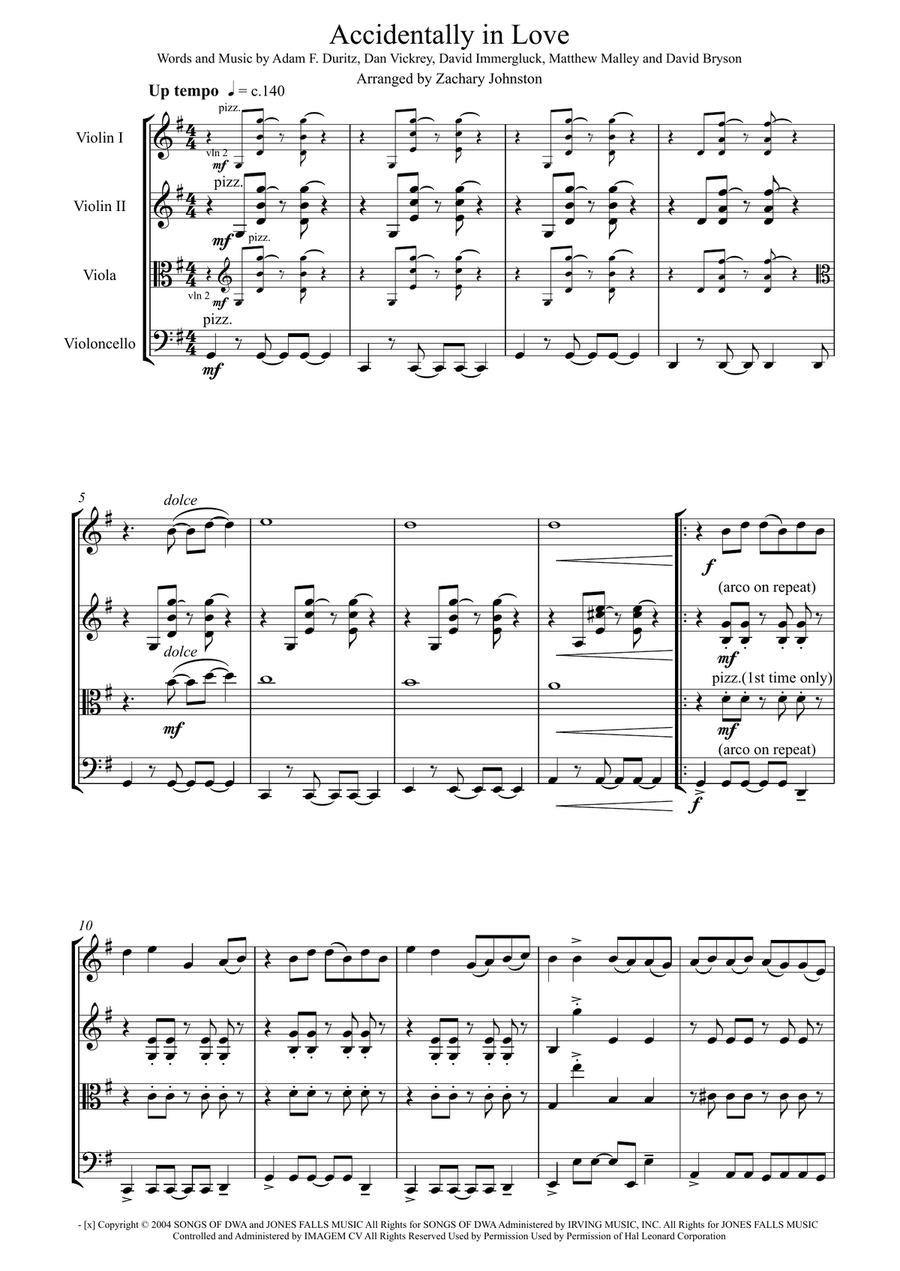 Accidentally In Love String Quartet scores gallery preview page 1