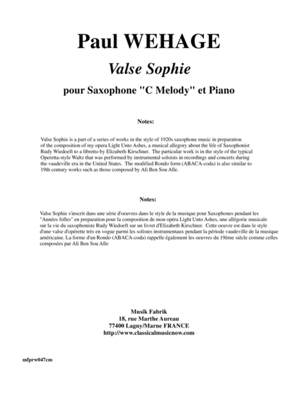 Paul Wehage: Valse Sophie for C "Melody" saxophone and piano