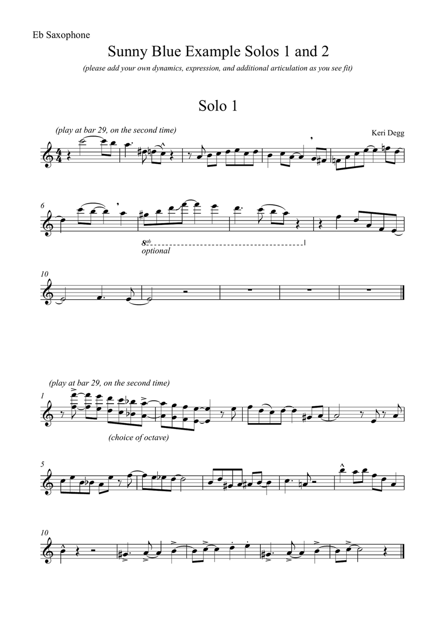 Sunny Blue - A Jazz Style Jaunt for Eb or Bb Saxophone and Piano (improvisation optional, or use sol Alto Saxophone scores gallery preview page 4