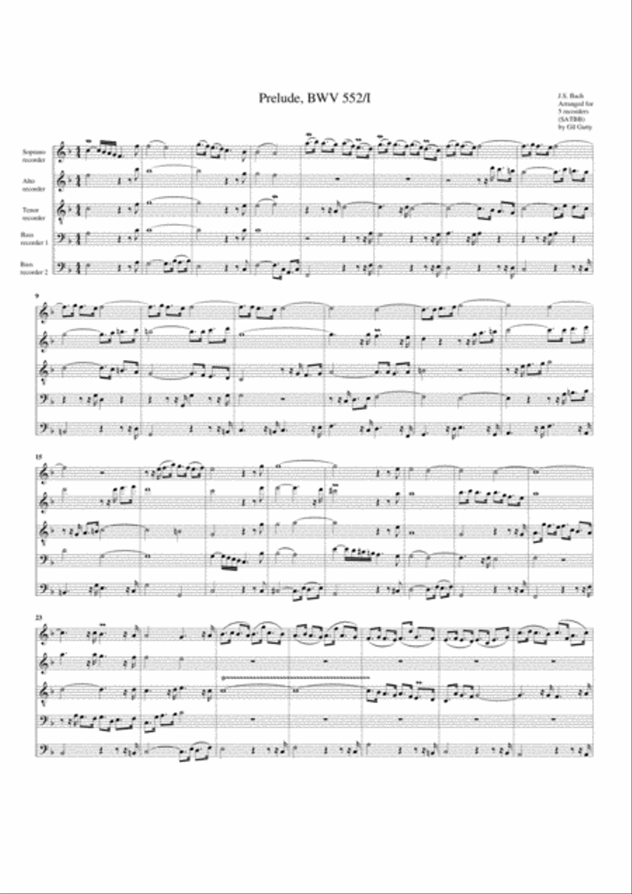 Prelude, BWV 552/I (arrangement for 5 recorders) Recorder scores gallery preview page 1