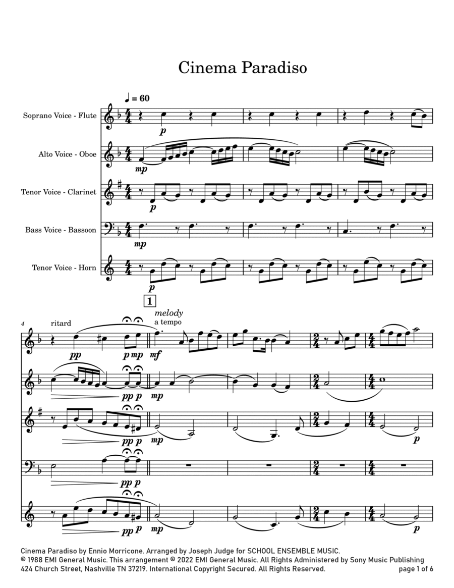 Cinema Paradiso Woodwind Quartet scores gallery preview page 1