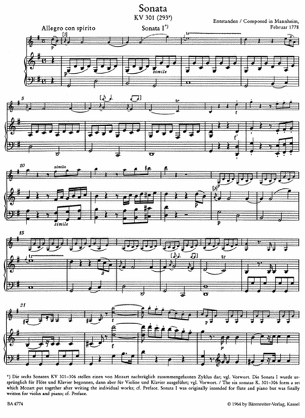 Sonatas for Piano and Violin K. 301 (293a), 302 (293b), 303,(293c), 304 (300c), 305 (293d), 306 (300l), 296, 378 (317d)