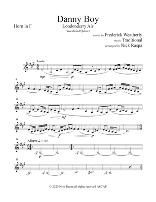 Danny Boy (Londonderry Air) Woodwind Quintet (Fl, Ob, Cl, Hrn, Bsn) - Horn in F part
