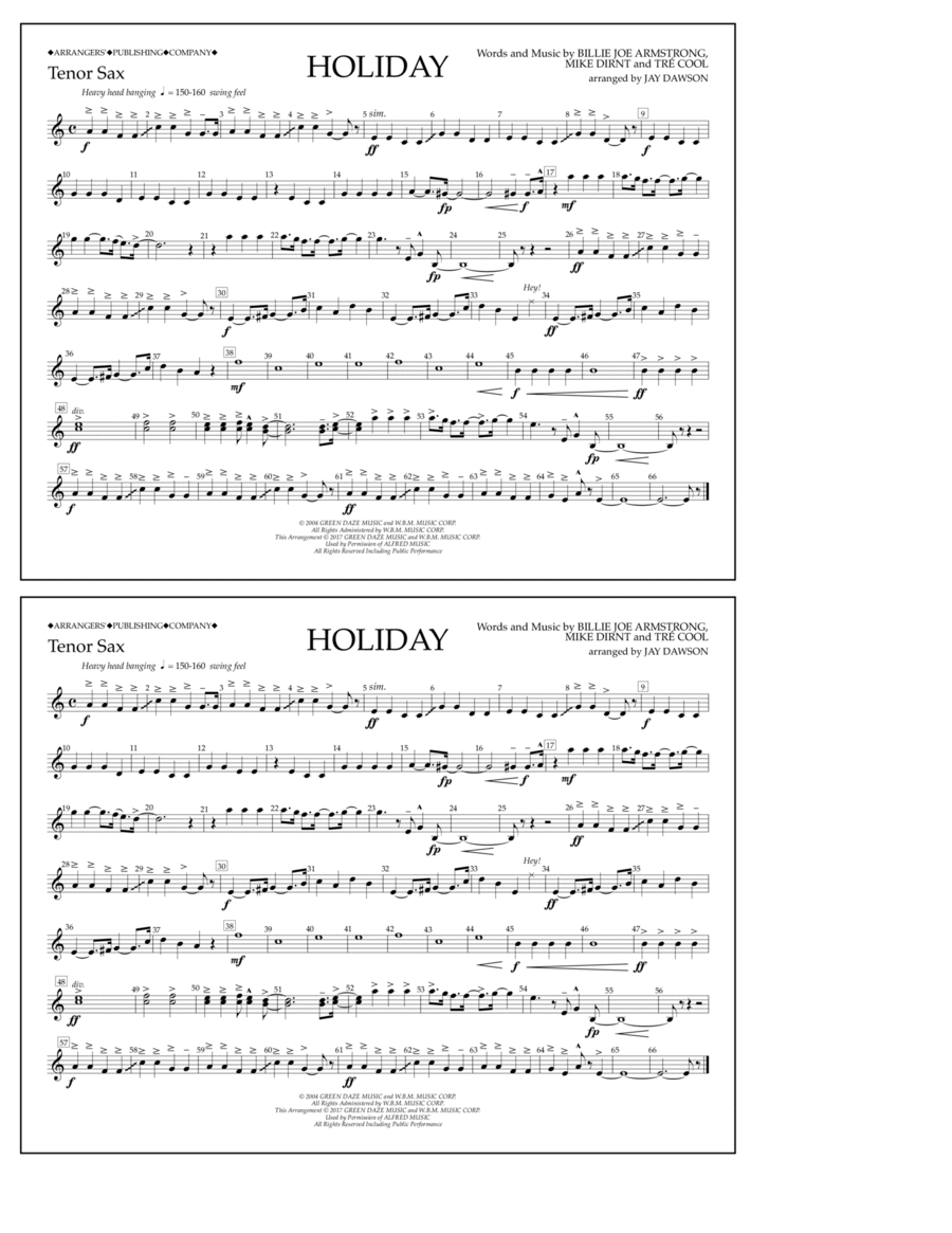Holiday - Bb Tenor Sax Tenor Saxophone scores gallery preview page 1