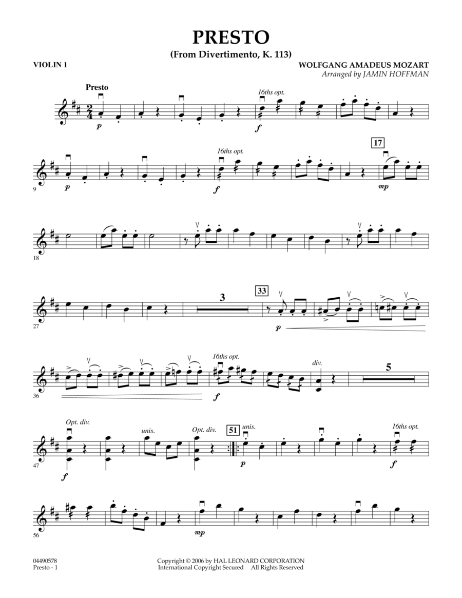 Presto (from Divertimento, K.113) - Violin 1