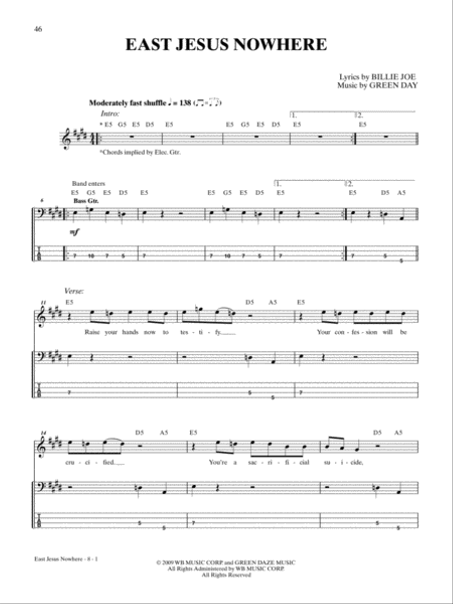 East Jesus Nowhere Bass Guitar Tablature scores gallery preview page 1