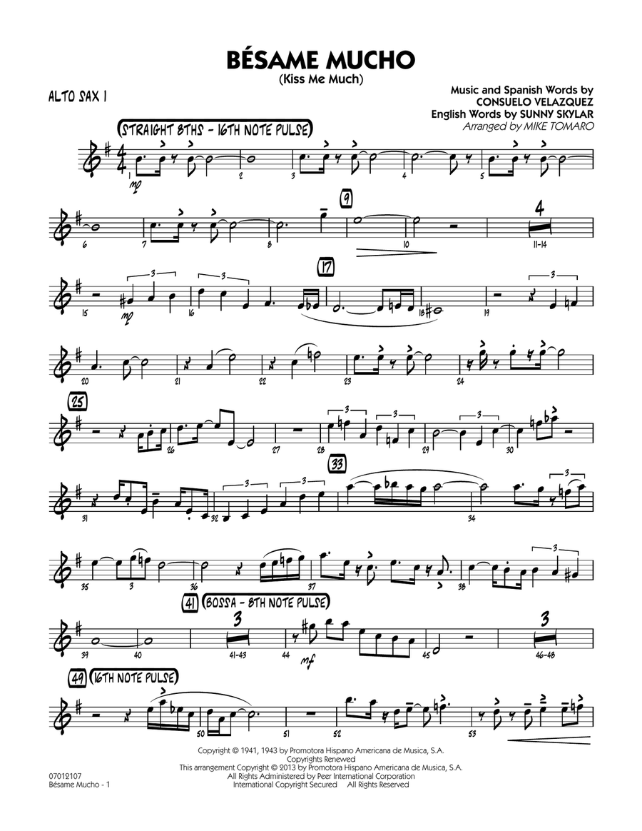 Besame Mucho (Kiss Me Much) - Alto Sax 1 Jazz Ensemble scores gallery preview page 1