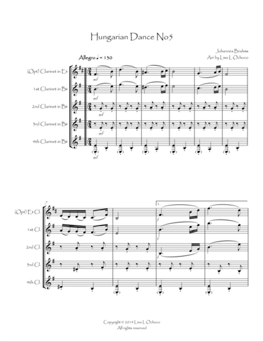 Hungarian Dance No5 for Clarinet Quartet Clarinet Quartet scores gallery preview page 1