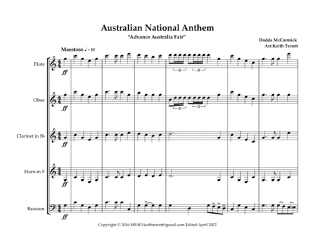 Australian National Anthem & Waltzing Matilda for Wind Quintet (MFAO World National Anthem Series) image number null