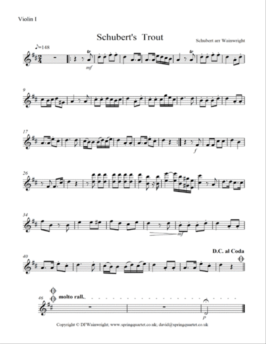 Schubert's leider The Trout arranged for String Quartet with optional Bass String Quartet scores gallery preview page 5
