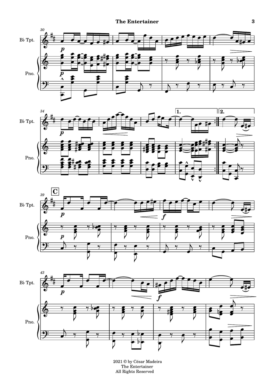 The Entertainer by Joplin - Bb Trumpet and Piano (Full Score and Parts) B-Flat Trumpet scores gallery preview page 4