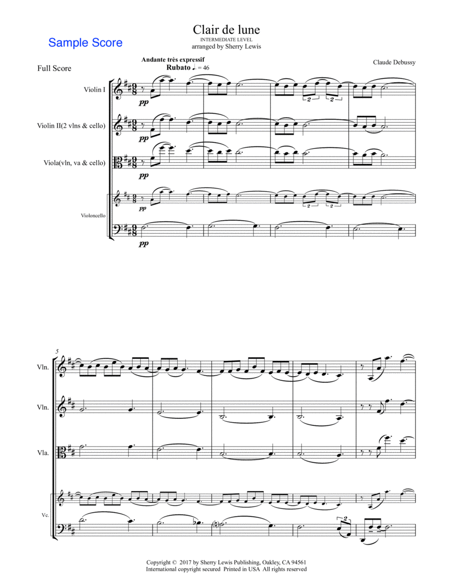 CLAIR DE LUNE String Trio intermediate level for string trio of two violins and cello or violin, vi String Trio scores gallery preview page 1