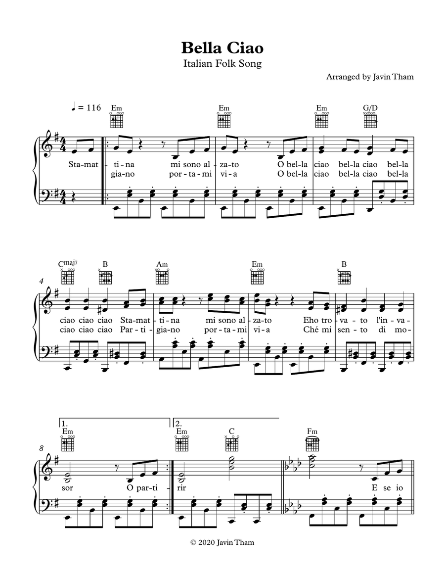 Bella Ciao Piano, Vocal scores gallery preview page 1