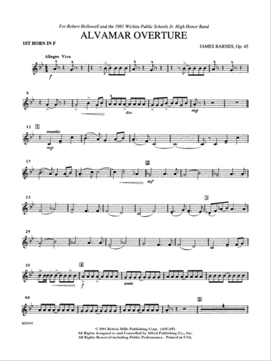 Alvamar Overture: 1st F Horn Concert Band scores gallery preview page 1