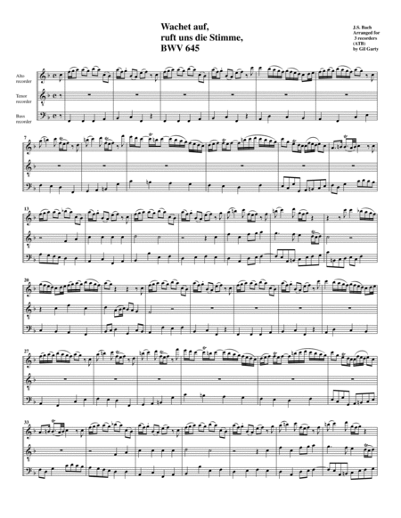 Wachet auf, ruft uns die Stimme, BWV 645 for organ from Schuebler Chorales (arrangement for 3 record