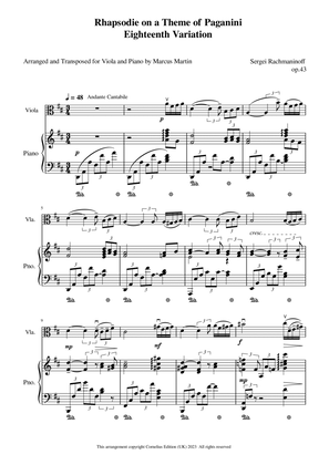 Rhapsody on a Theme of Paganni Eighteenth Variation arranged for Viola and Piano D major