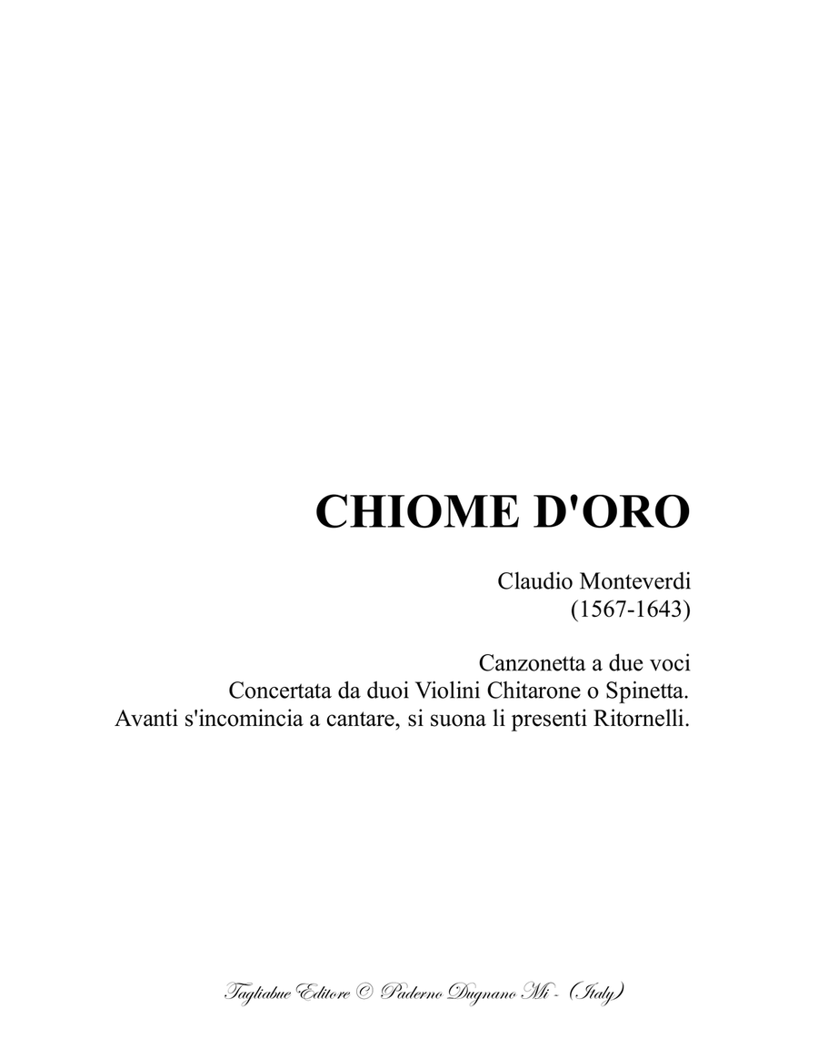 CHIOME D'ORO - C. Monteverdi - For 2 Soprano, 2Violini, Spinetta, e Basso (Cello) Small Ensemble scores gallery preview page 1