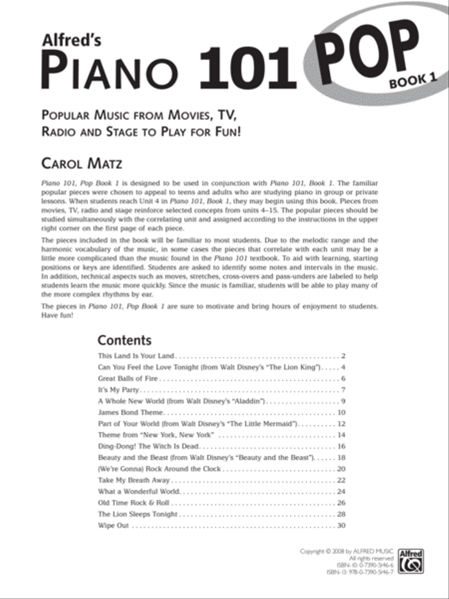 Alfred's Piano 101 Pop, Book 1 Piano Method scores gallery preview page 2