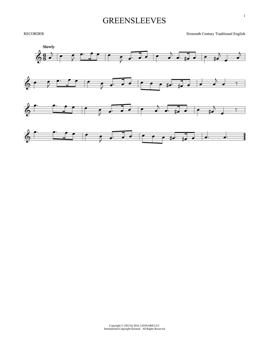 Greensleeves Recorder scores gallery preview page 1