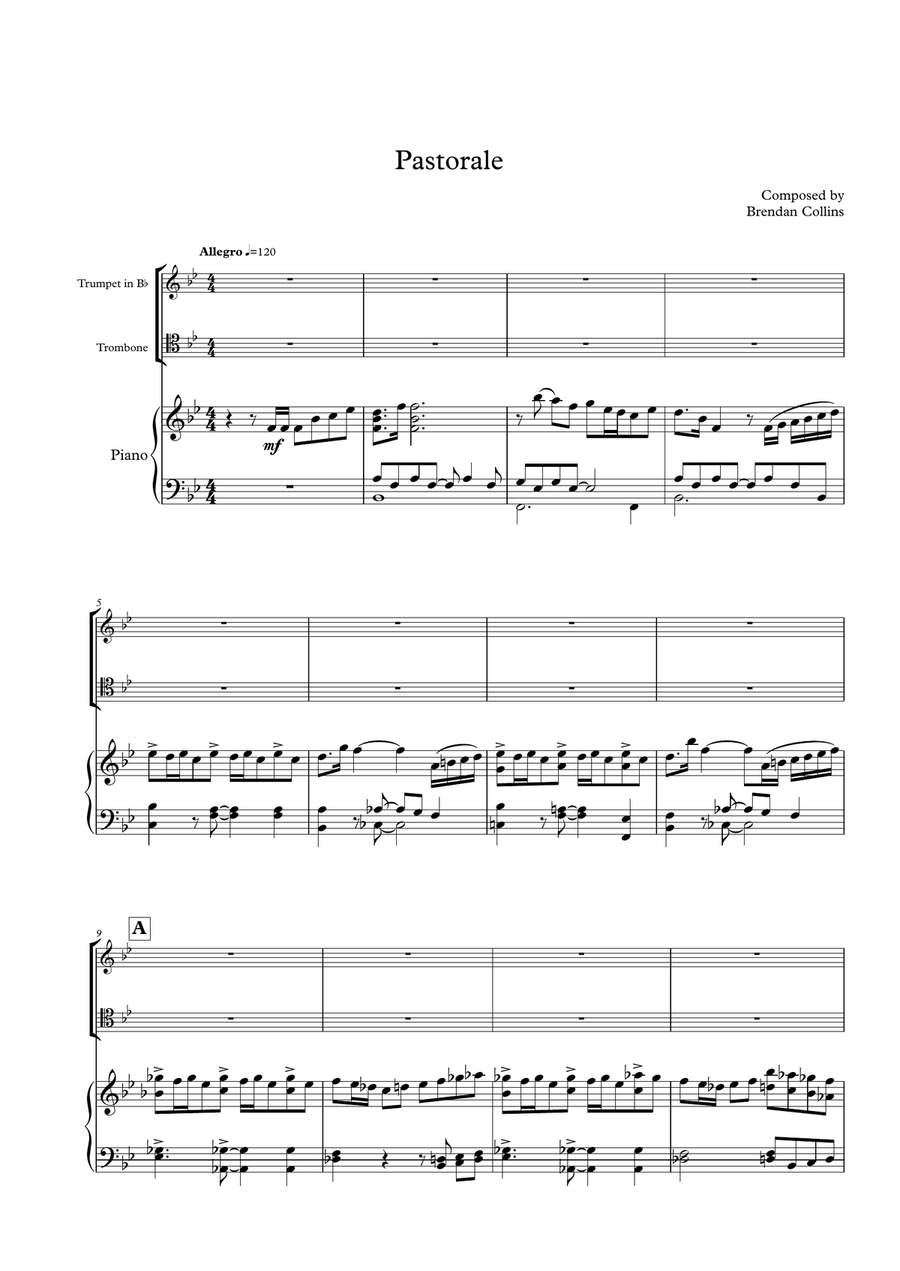 Pastorale for Trumpet, Trombone and Piano Brass Duet scores gallery preview page 1