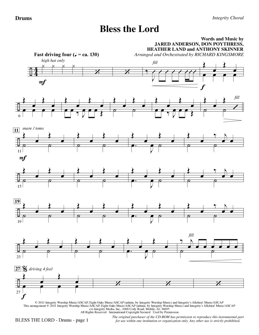 Bless The Lord - Drums Bless The Lord - Drums Choir scores gallery preview page 1