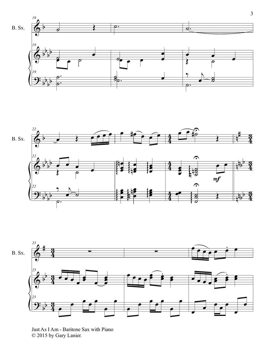 Gary Lanier: 3 HYMNS of COMMITMENT (Duets for Baritone Sax & Piano) Woodwind Duet scores gallery preview page 4