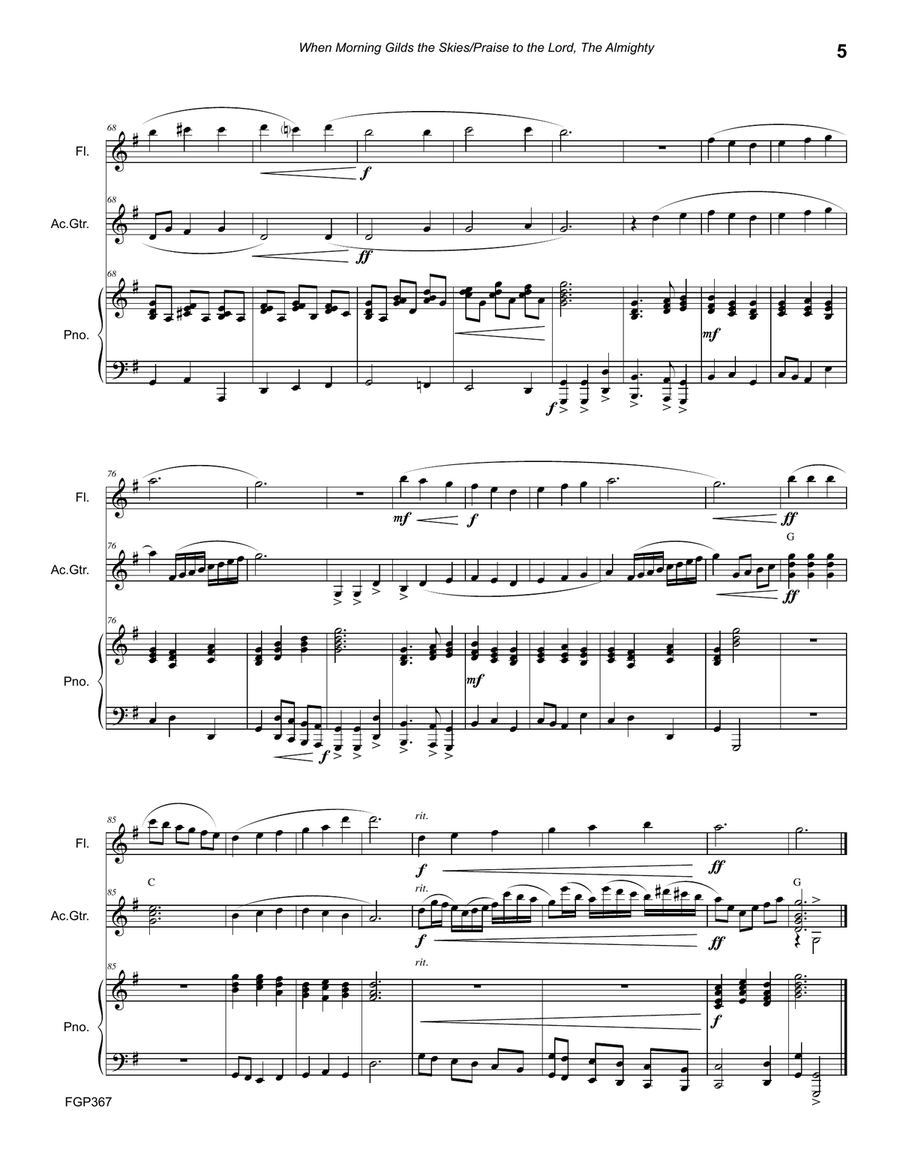 WHEN MORNING GILDS THE SKIES/PRAISE TO THE LORD, THE ALMIGHTY - Flute, Guitar & Piano (Flute Gr 2+) Flute scores gallery preview page 5