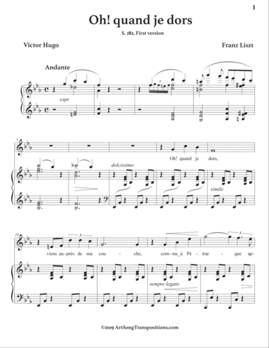 LISZT Oh! quand je dors, S. 282 (transposed to Eflat major, first version) by Franz Liszt