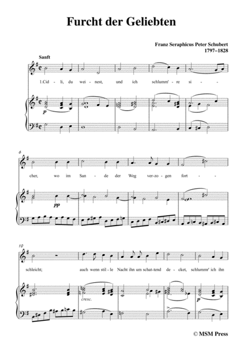 Schubert-Furcht der Geliebten,in G Major,for Voice and Piano image number null