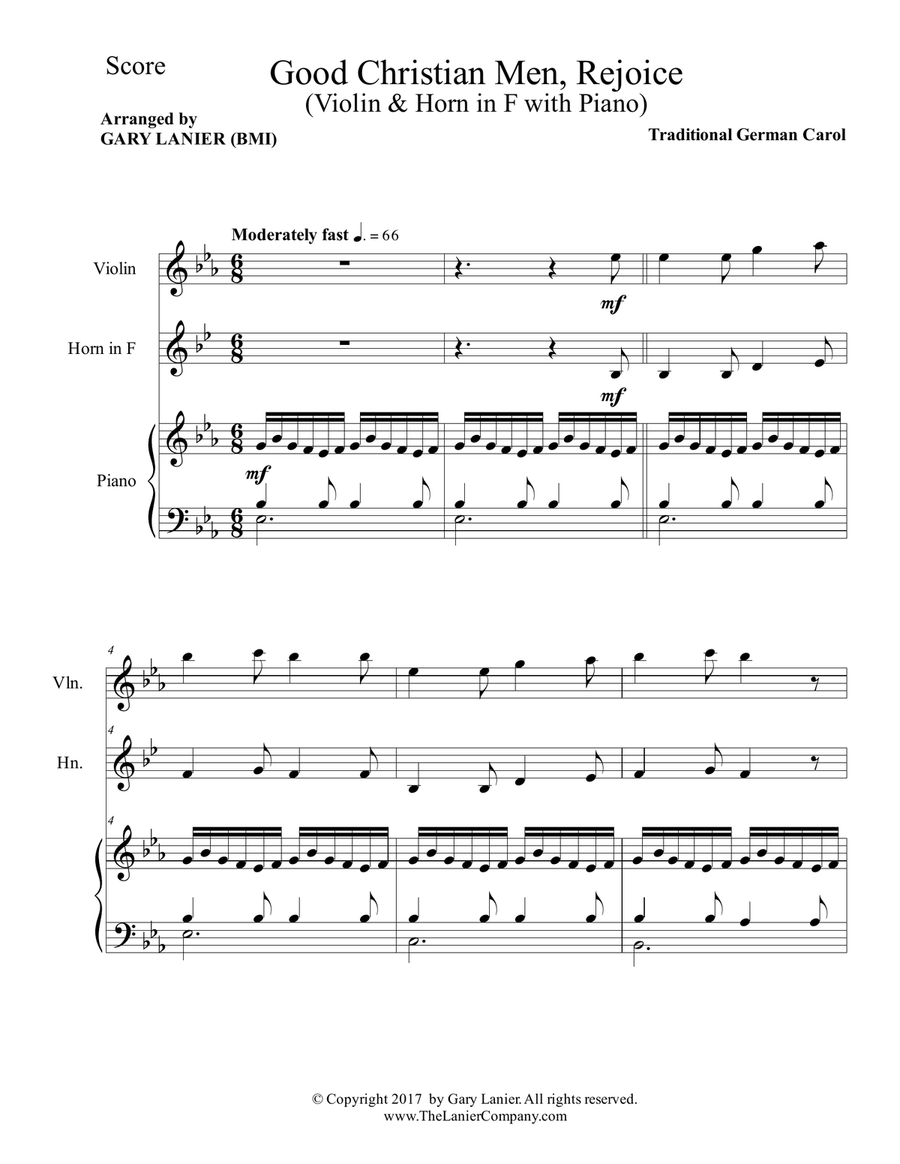 GOOD CHRISTIAN MEN, REJOICE (Violin, Horn in F with Piano & Score/Parts) Violin scores gallery preview page 2