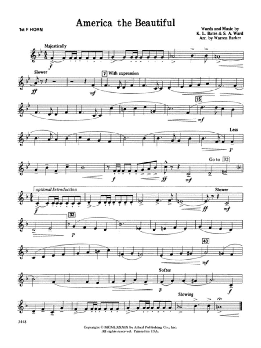 America, the Beautiful: 1st F Horn Concert Band scores gallery preview page 1