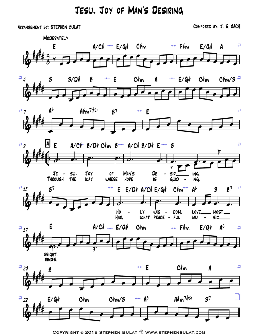 Jesu, Joy of Man's Desiring (Bach) - Lead sheet (key of E) Large Ensemble scores gallery preview page 2