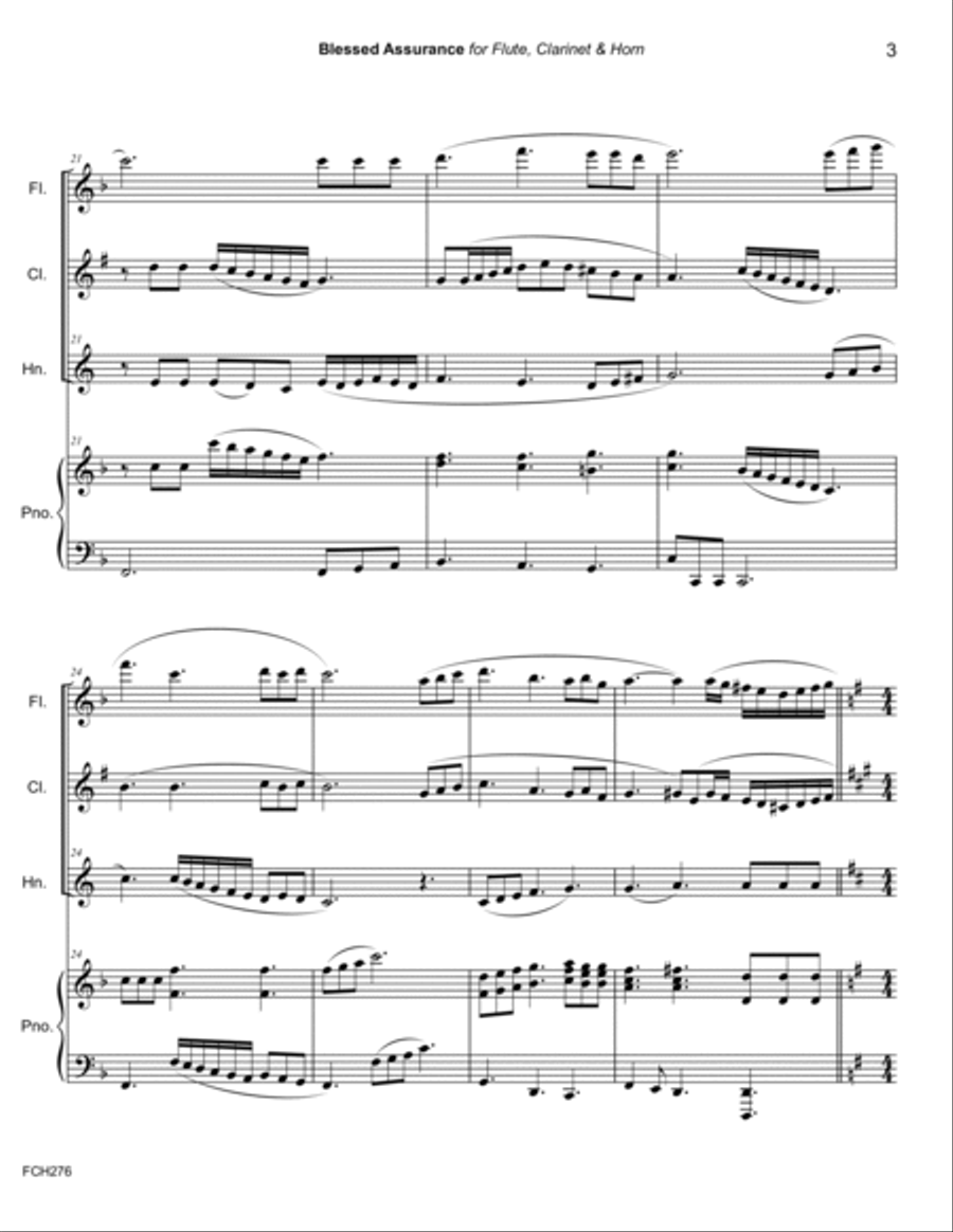 BLESSED ASSURANCE - FLUTE, CLARINET & HORN (or Alto Sax) with Piano Accompaniment Small Ensemble scores gallery preview page 3