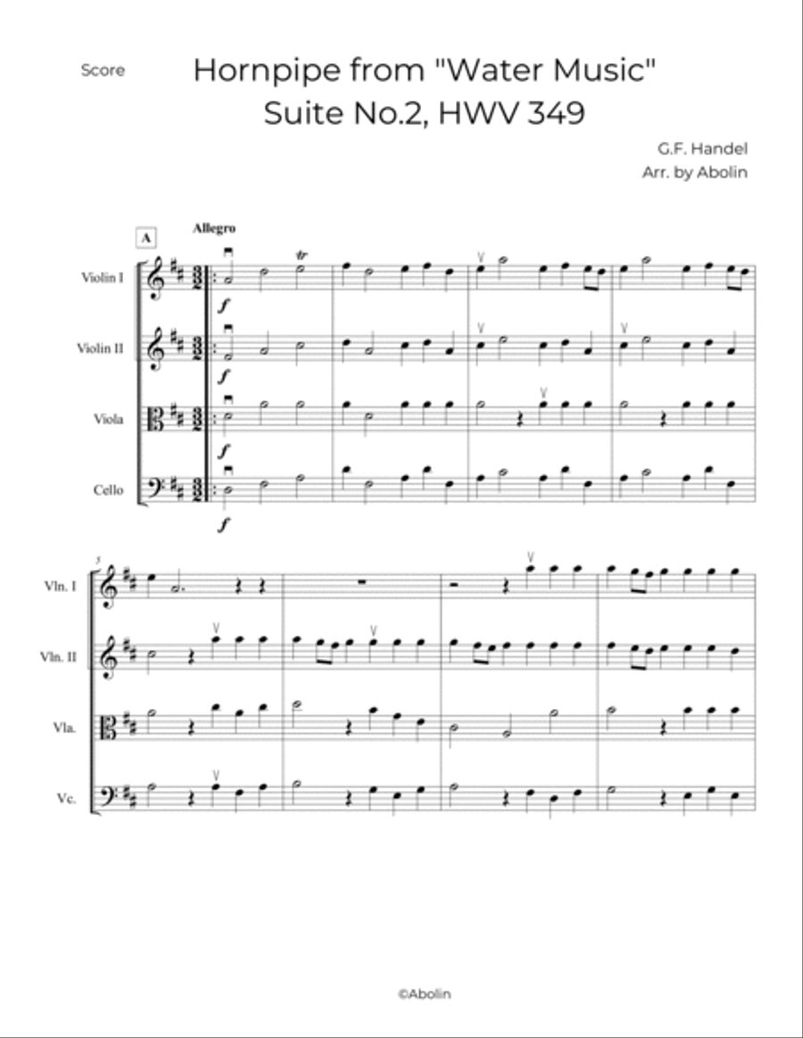 Handel: Alla Hornpipe from Water Music, Suite No.2 - String Quartet String Quartet scores gallery preview page 2