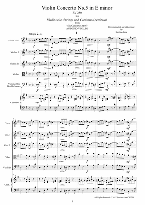 Book cover for Vivaldi - Concerto No.5 in E minor RV 280 Op.6 for Violin, Strings and Continuo