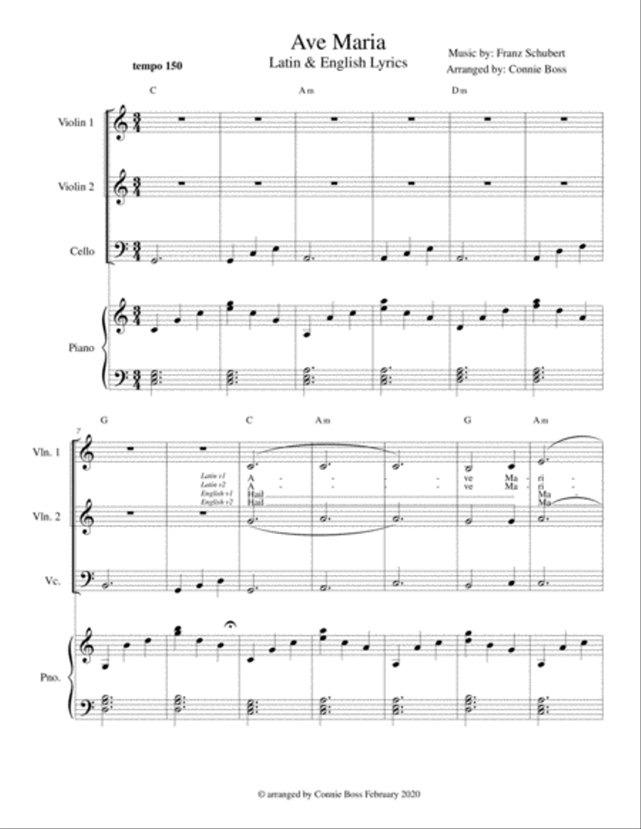 Ave Maria - Latin and English lyrics included for strings and piano Piano Trio scores gallery preview page 1
