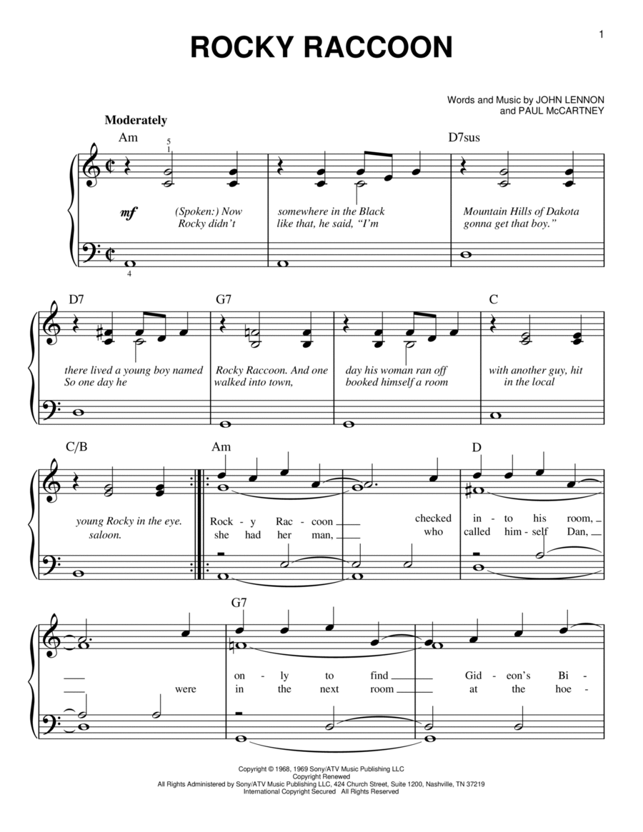 Rocky Raccoon Easy Piano scores gallery preview page 1
